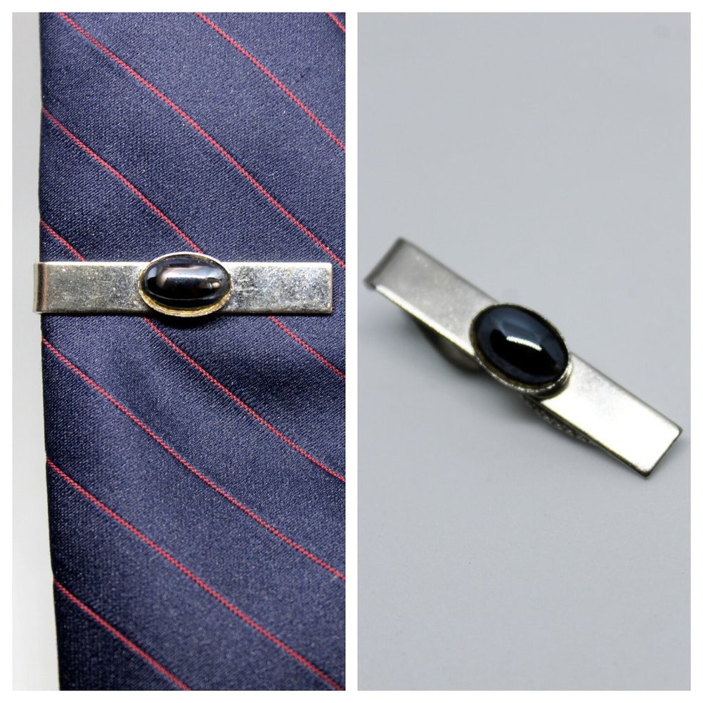 Vintage Silver & Dark Gray Oval Cabachon Tie Clip | Father's Day | Groom Wedding